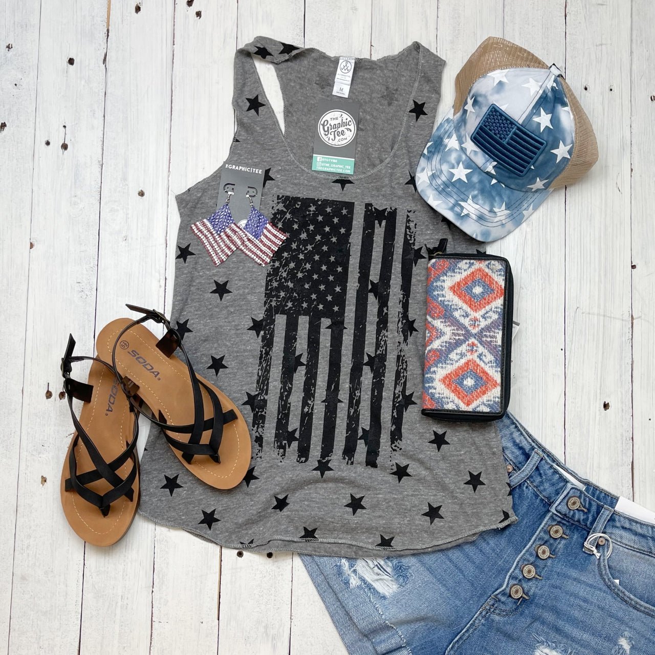 USA Flag Black Ladies Star Racer Back Tank - The Graphic Tee