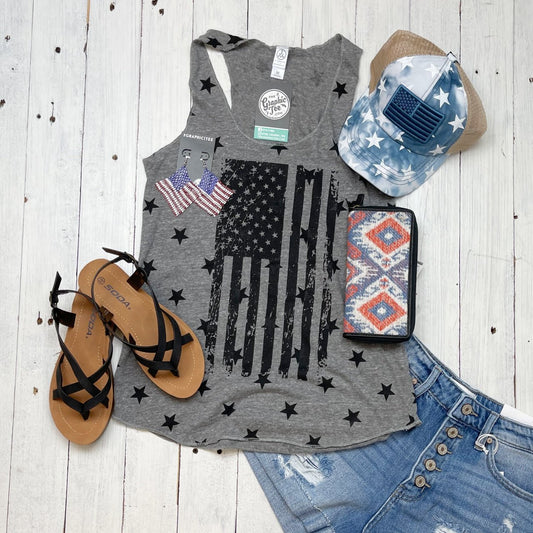 USA Flag Black Ladies Star Racer Back Tank - The Graphic Tee
