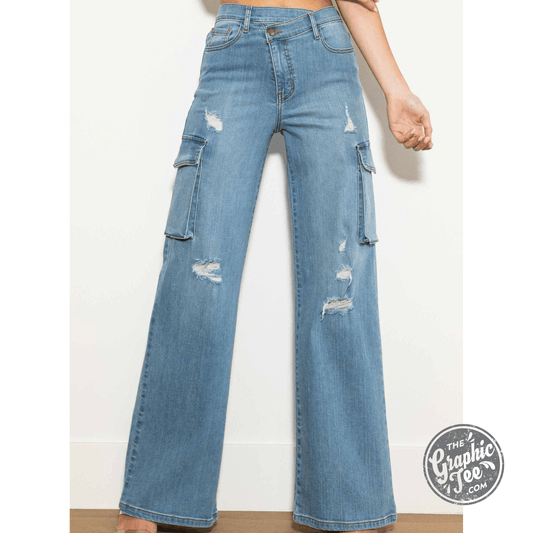 Vibrant Crossed Waist Wide Cargo Jeans - The Graphic Tee