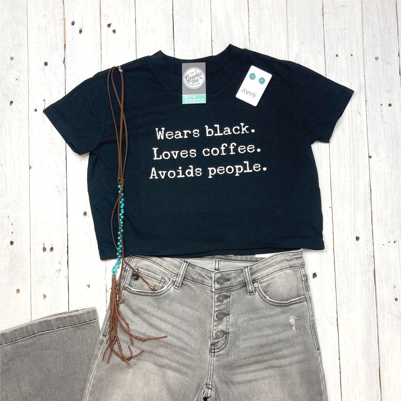 Wears black. Loves coffee. Avoids People. Black Short Sleeve Crop Top Tee - The Graphic Tee
