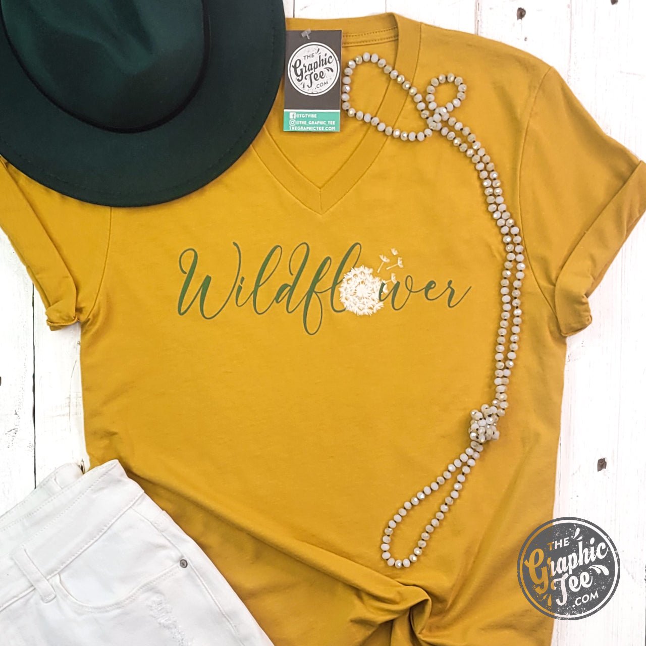 Wildflower Dandelion Mustard V Neck Short Sleeve Tee - The Graphic Tee