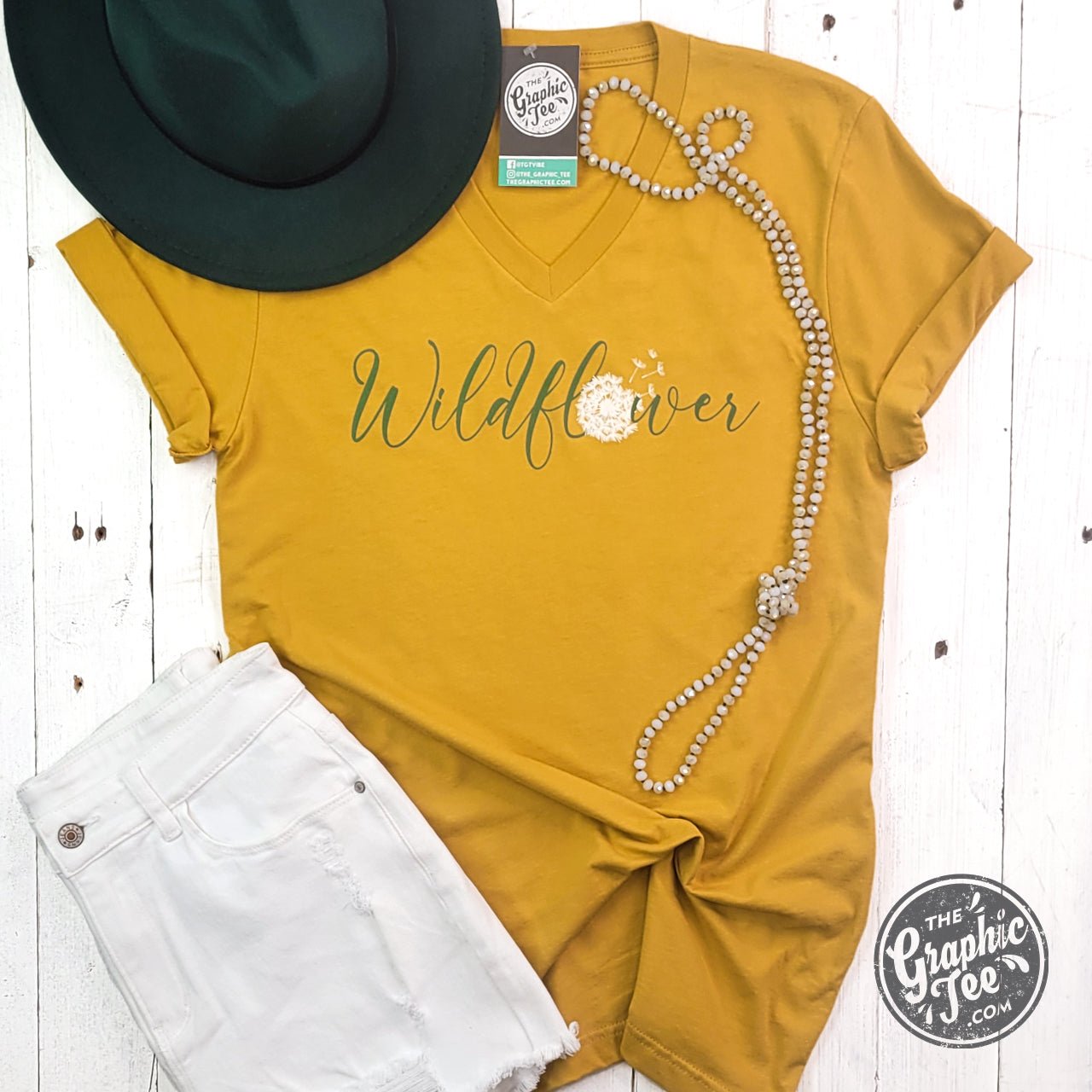 Wildflower Dandelion Mustard V Neck Short Sleeve Tee - The Graphic Tee