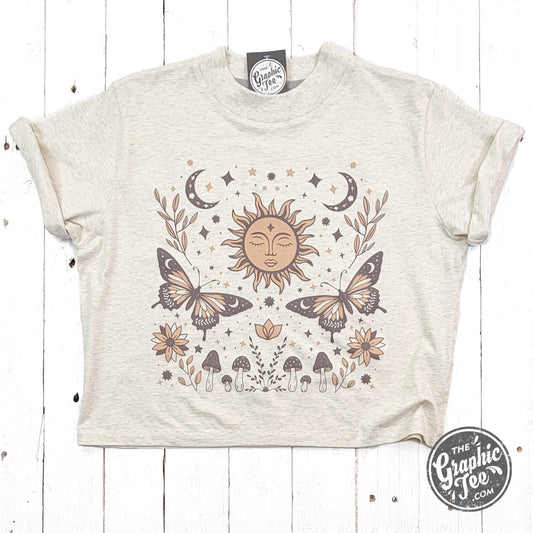 90's Vibes Celestial Mid Length Crop Drop Sleeve Short Sleeve Tee - The Graphic Tee