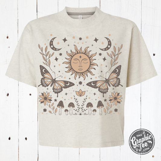 90's Vibes Celestial Mid Length Crop Drop Sleeve Short Sleeve Tee - The Graphic Tee