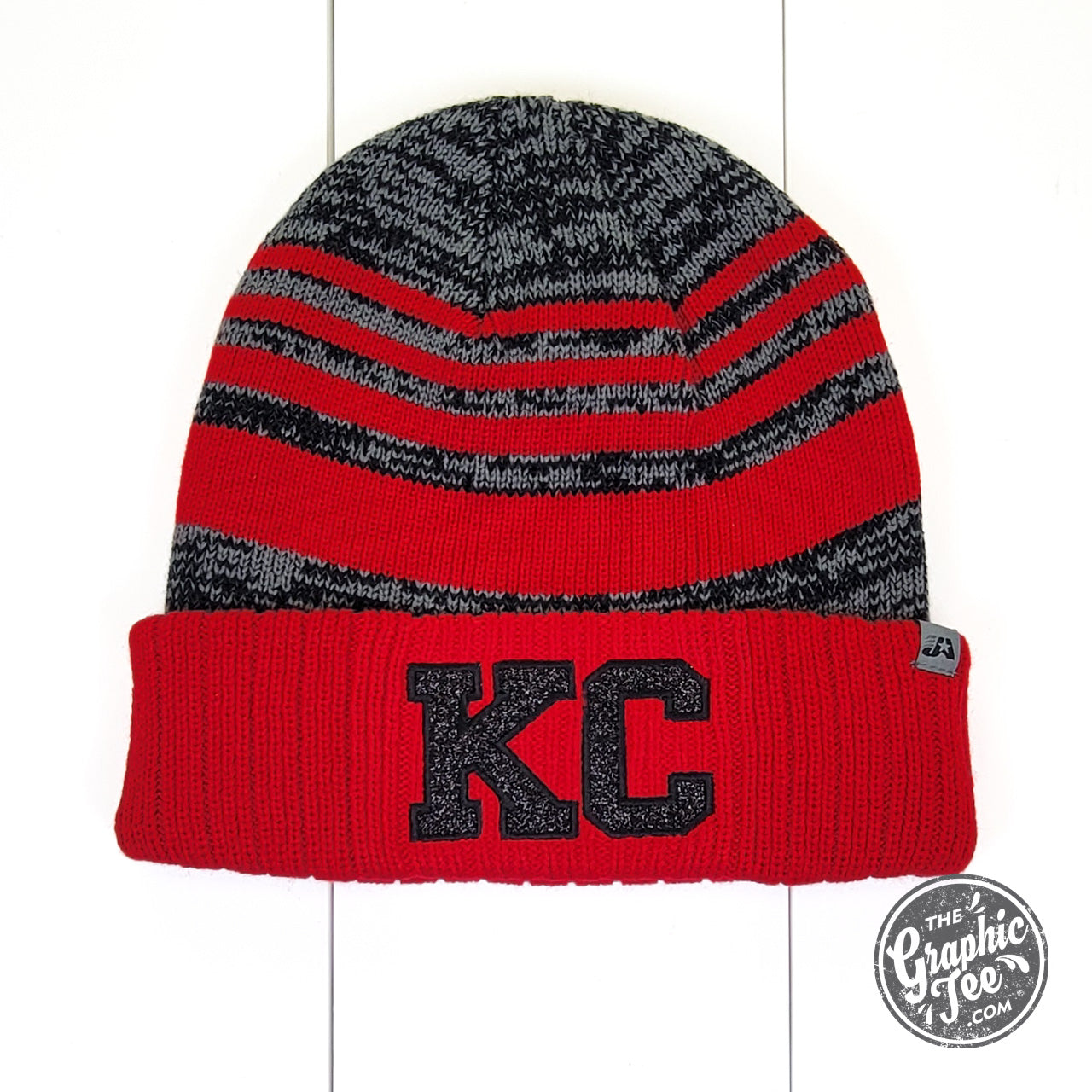 Kansas City KC Glitter Patch Red and Grey Stripe Cuffed Beanie