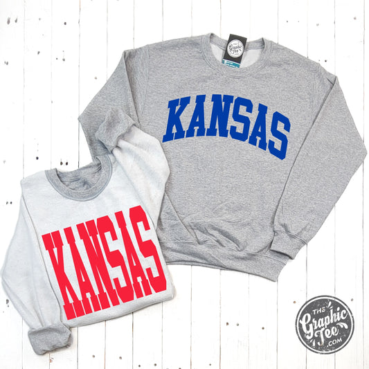 Kansas Blue and Red Print Reversible Sport Grey Crewneck Sweatshirt