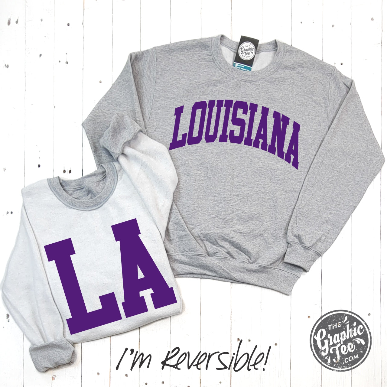 Louisiana Purple Print Reversible Sport Grey Crewneck Sweatshirt