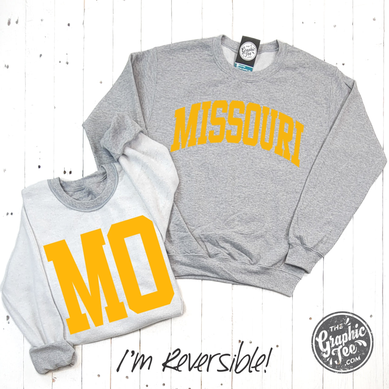 Missouri Gold Print Reversible Sport Grey Crewneck Sweatshirt