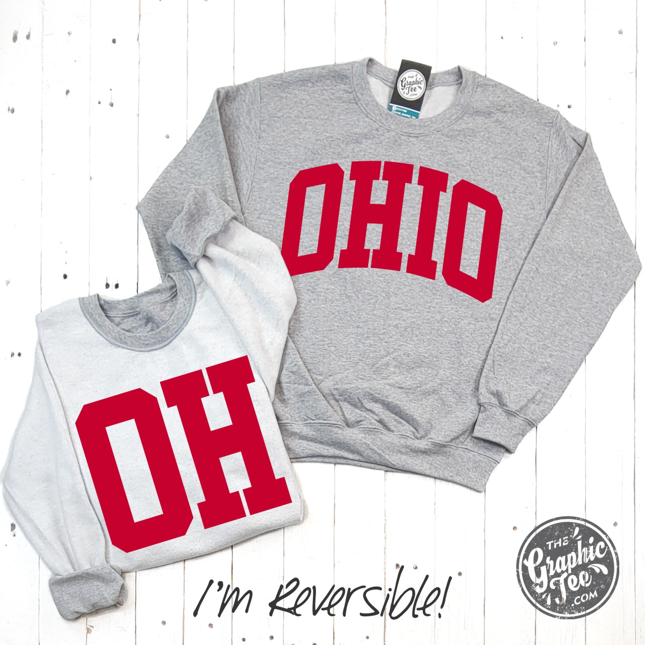 Ohio Scarlet Red Print Reversible Sport Grey Crewneck Sweatshirt