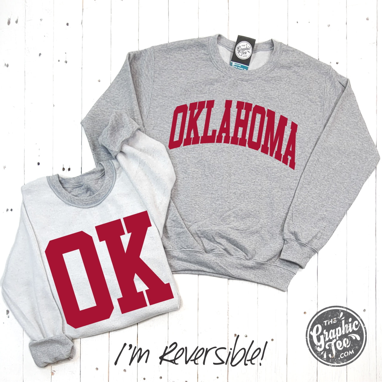 Oklahoma Crimson Print Reversible Sport Grey Crewneck Sweatshirt