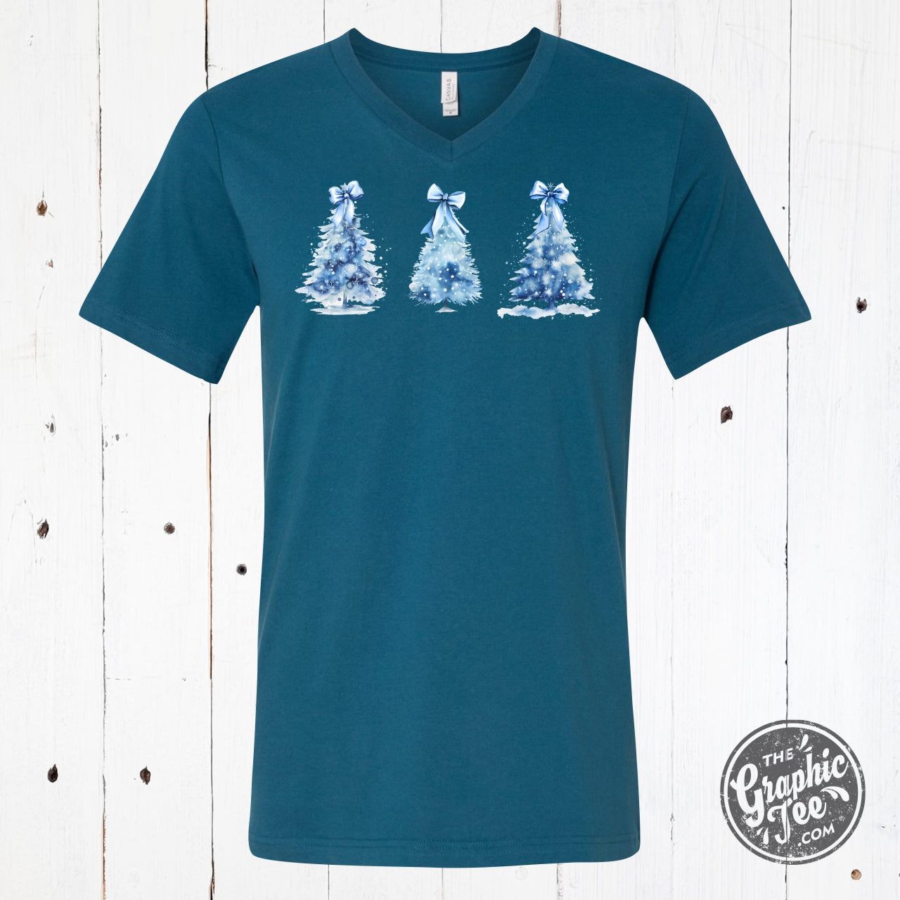 Christmas Tree Sparkling Bow Deep Teal V Neck Short Sleeve Tee