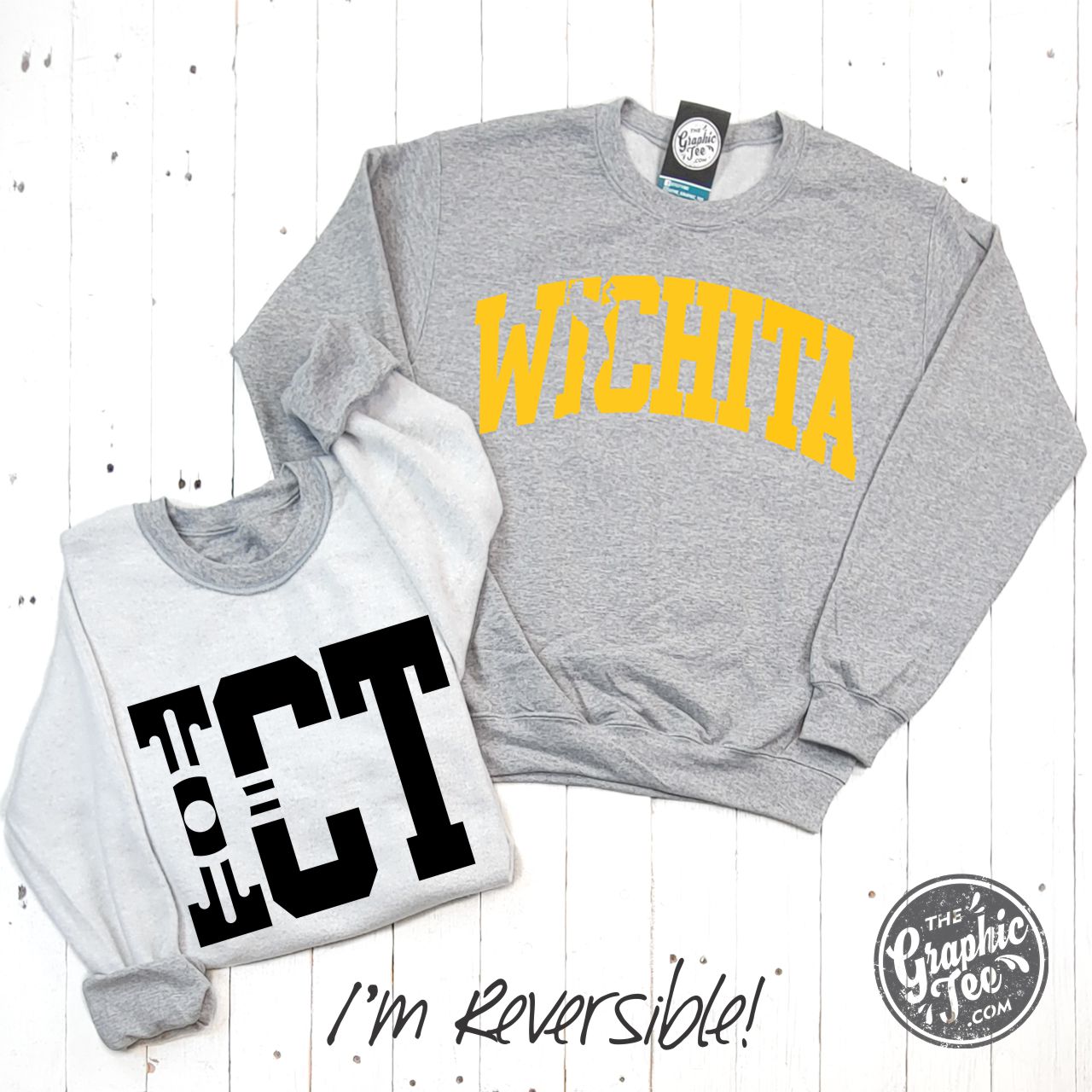 Wichita-ICT Black and Gold Print Reversible Sport Grey Crewneck Sweatshirt