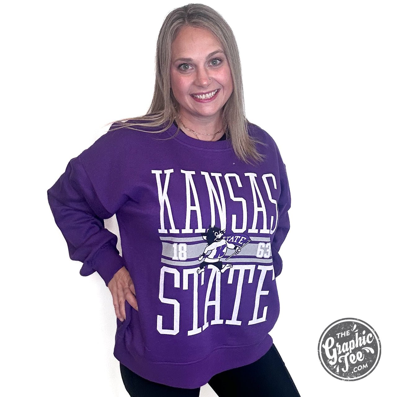 Amelia Kansas State University Long Sleeve Crew Neck Blousant Oversized Fleece Licensed Apparel - The Graphic Tee