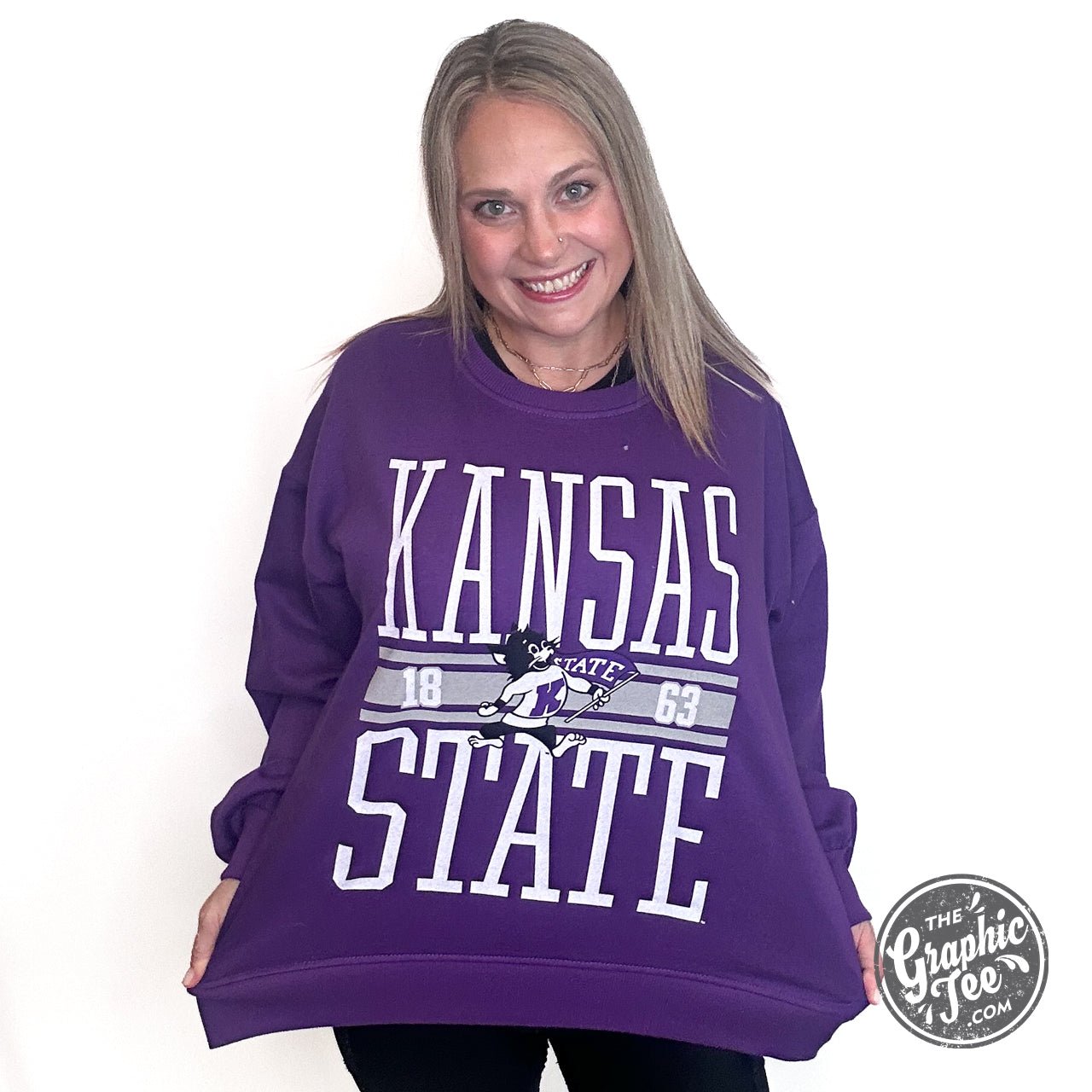 Amelia Kansas State University Long Sleeve Crew Neck Blousant Oversized Fleece Licensed Apparel - The Graphic Tee