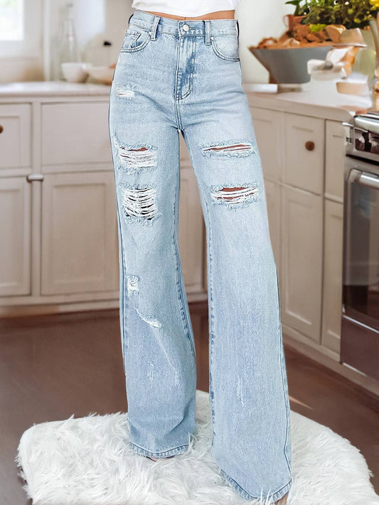 Angel Light Wash Distressed High Waist Wide Leg Jeans - The Graphic Tee