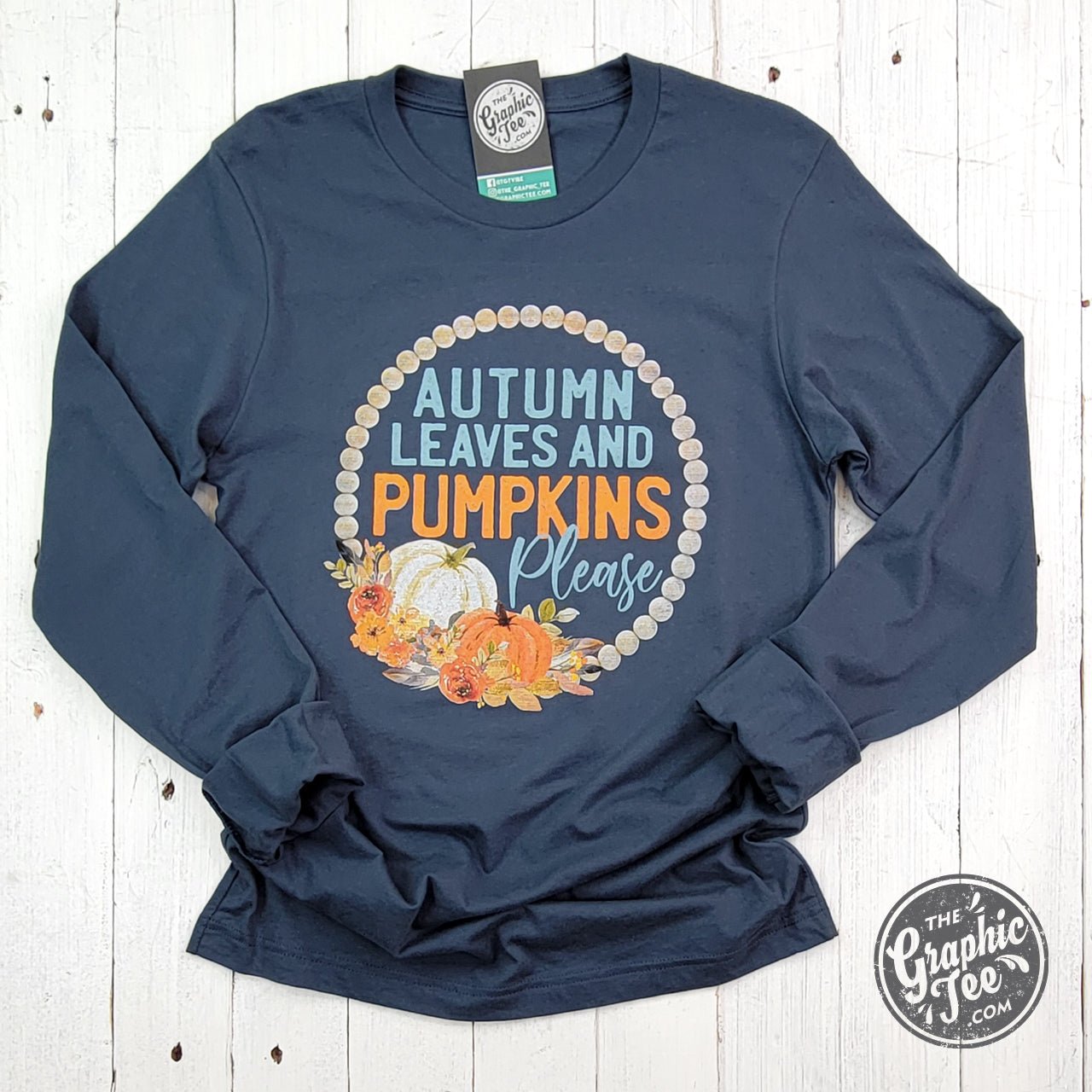 Autumn Leaves and Pumpkins Please Vintage Navy Long Sleeve Tee - The Graphic Tee