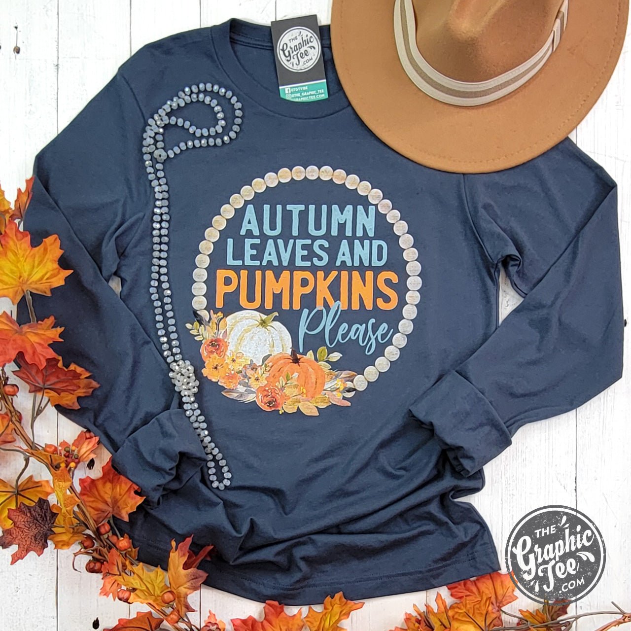 Autumn Leaves and Pumpkins Please Vintage Navy Long Sleeve Tee - The Graphic Tee