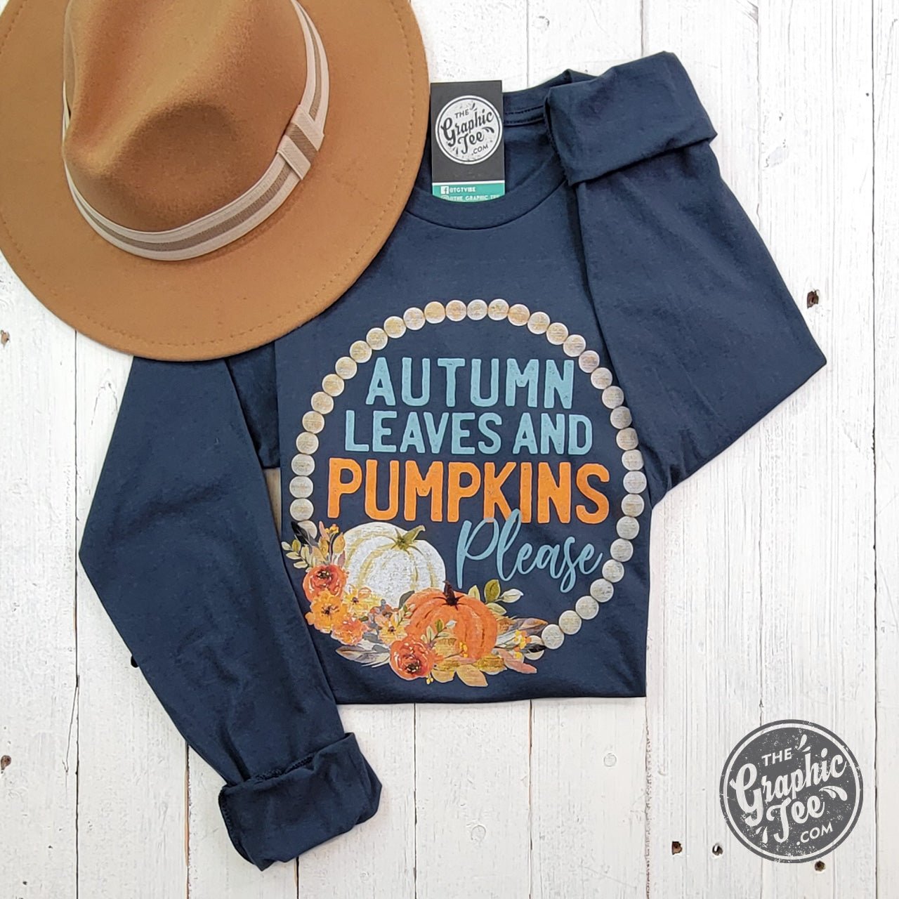 Autumn Leaves and Pumpkins Please Vintage Navy Long Sleeve Tee - The Graphic Tee