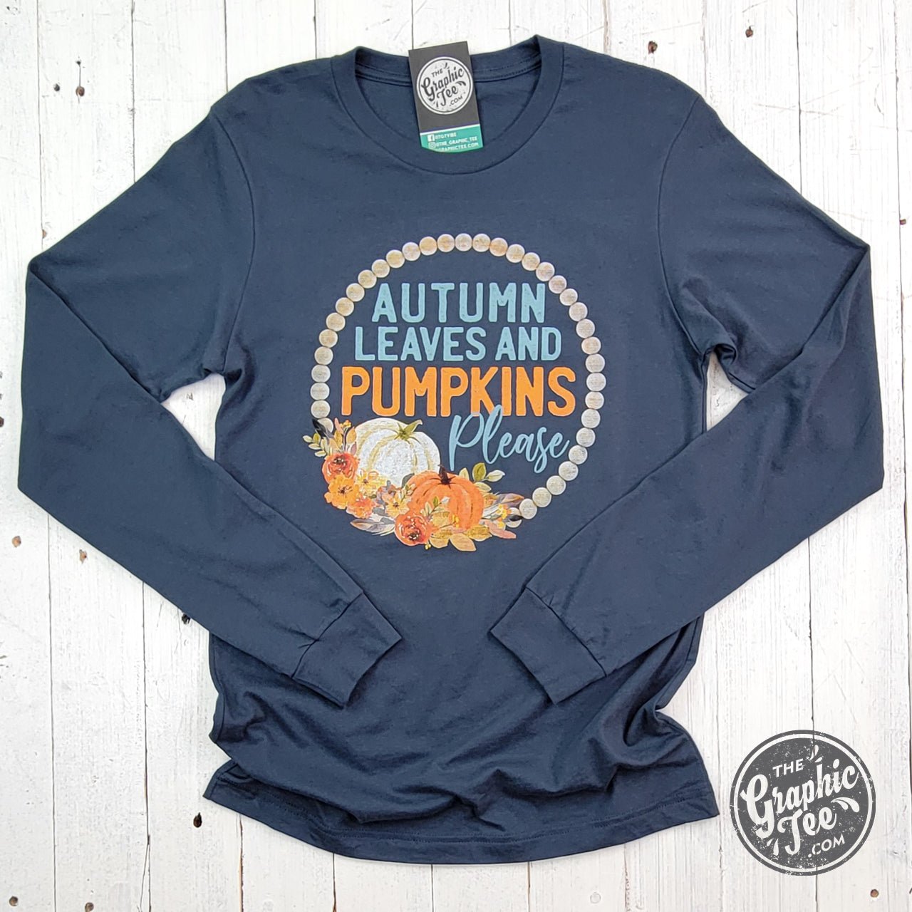 Autumn Leaves and Pumpkins Please Vintage Navy Long Sleeve Tee - The Graphic Tee