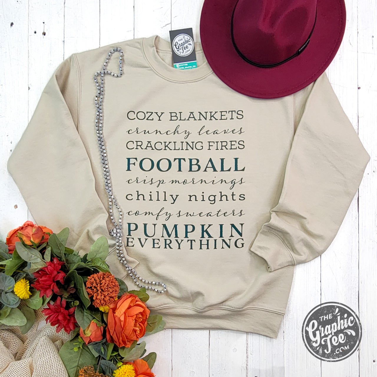 Autumn Words Cozy Sand Crewneck Sweatshirt - The Graphic Tee