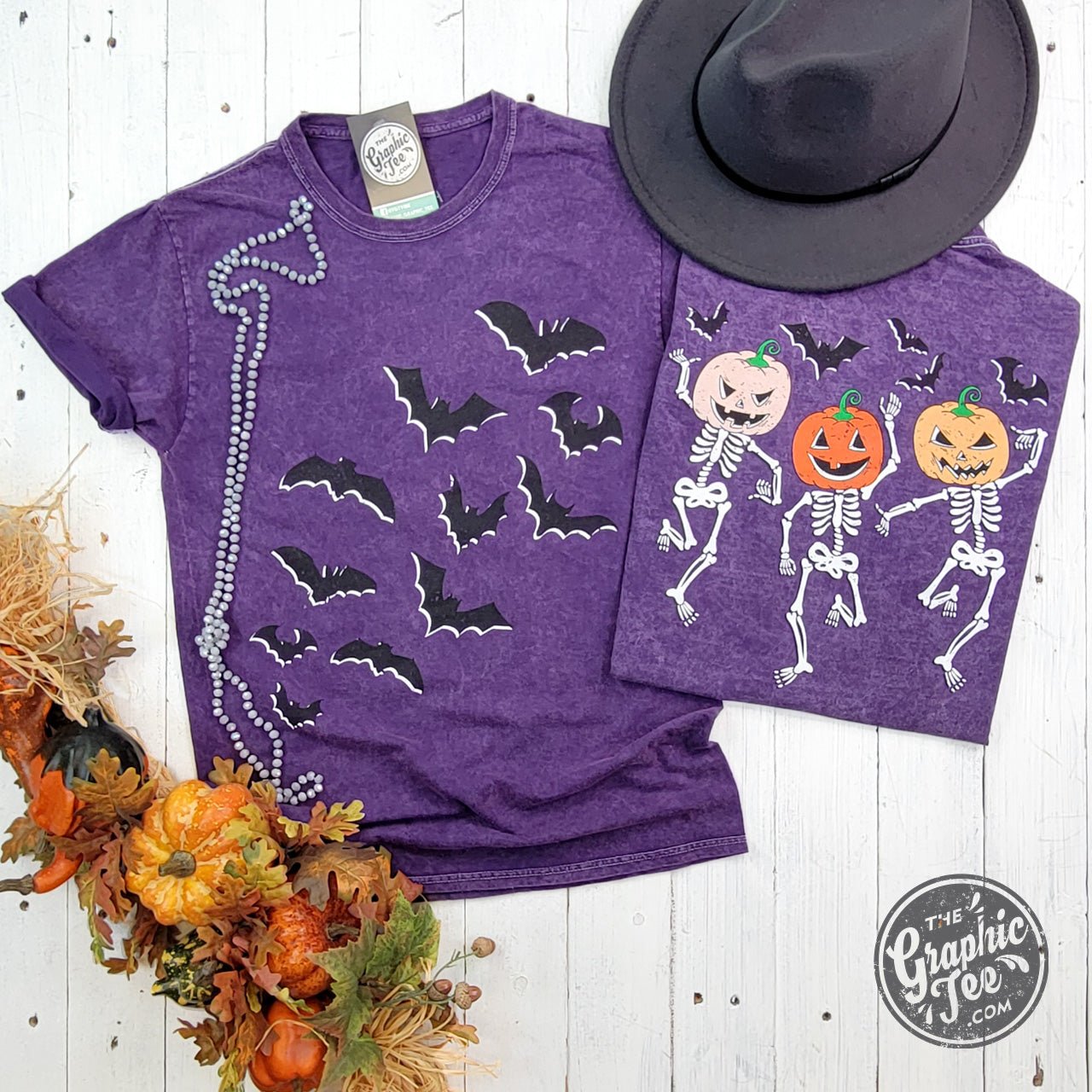 Bats and Dancing Skeletons Front and Back Design Halloween Purple Mineral Wash Short Sleeve Tee - The Graphic Tee