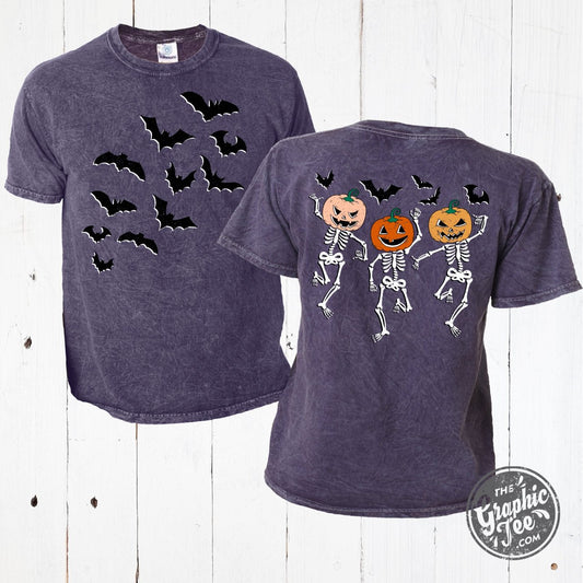 Bats and Dancing Skeletons Front and Back Design Halloween Purple Mineral Wash Short Sleeve Tee - The Graphic Tee