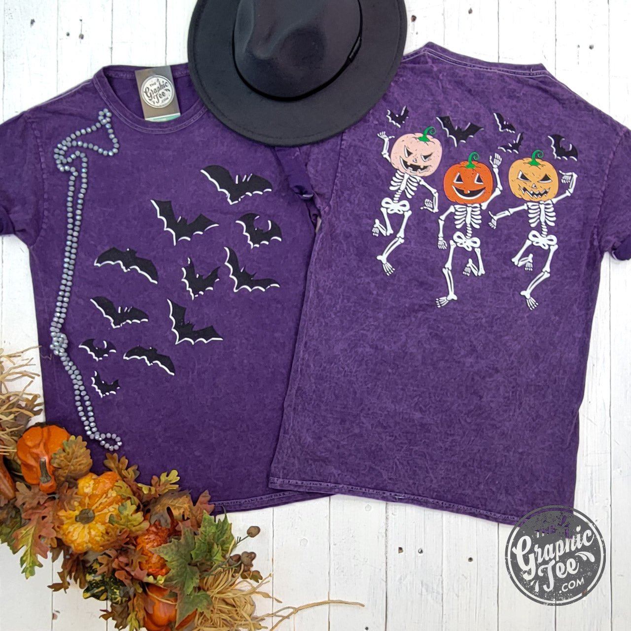 Bats and Dancing Skeletons Front and Back Design Halloween Purple Mineral Wash Short Sleeve Tee - The Graphic Tee