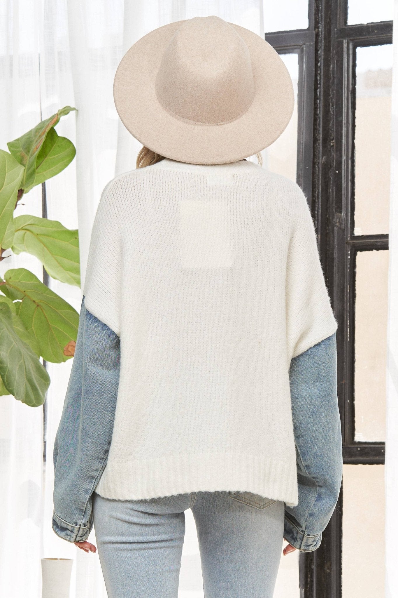 Bella Ivory Knit Sweater with Denim Sleeves - The Graphic Tee
