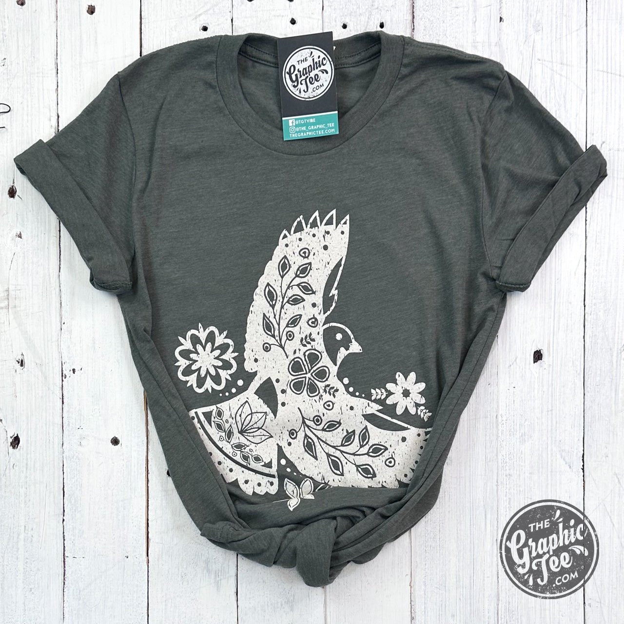 Boho Bird Heather Military Green Short Sleeve Tee - The Graphic Tee