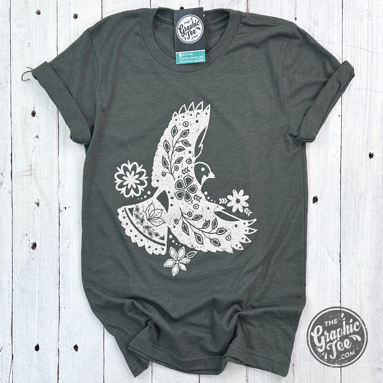 Boho Bird Heather Military Green Short Sleeve Tee - The Graphic Tee