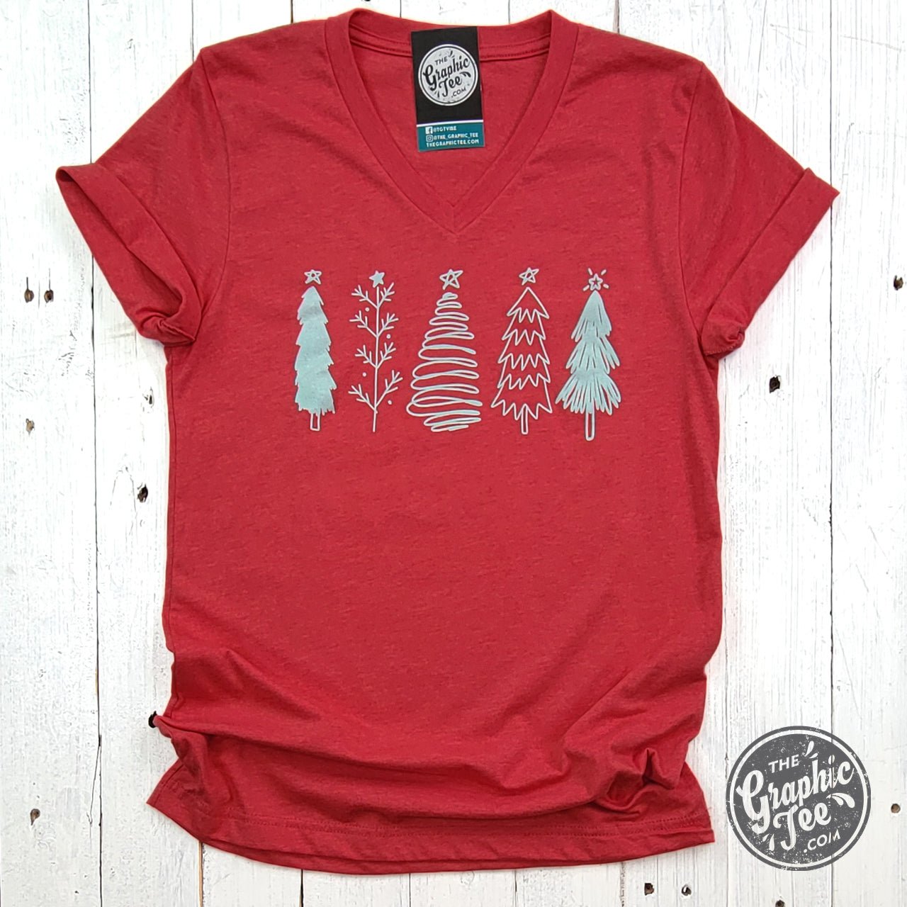 Boho Christmas Trees Heather Red V Neck Short Sleeve Tee - The Graphic Tee