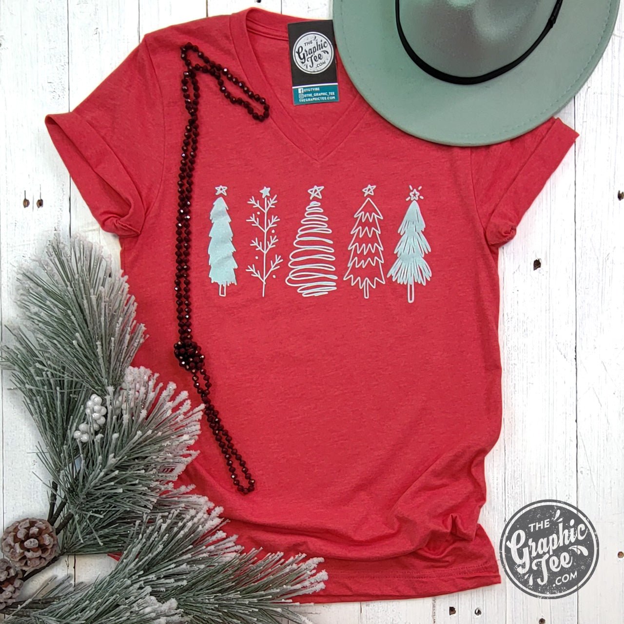 Boho Christmas Trees Heather Red V Neck Short Sleeve Tee - The Graphic Tee