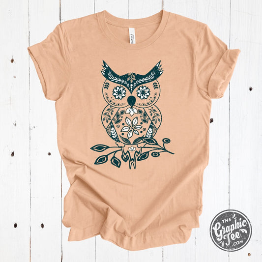 Boho Owl Heather Peach Short Sleeve Tee - The Graphic Tee