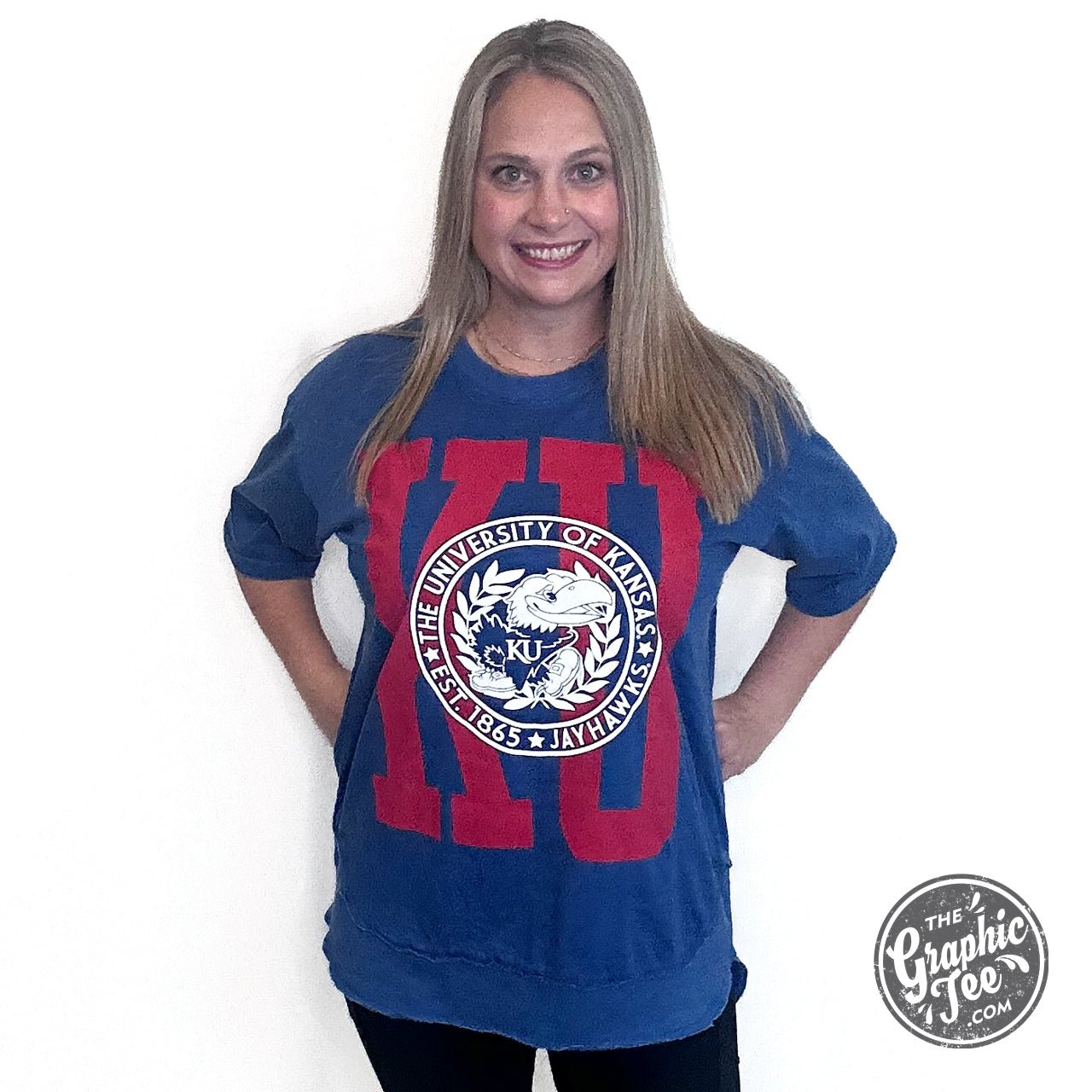 Carlin Kansas University Short Sleeve Crew Neck Oversized Rounded Bottom Vintage Top - The Graphic Tee