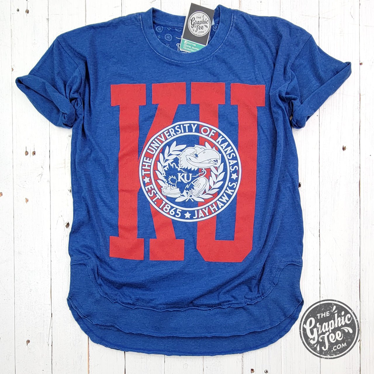 Carlin Kansas University Short Sleeve Crew Neck Oversized Rounded Bottom Vintage Top - The Graphic Tee
