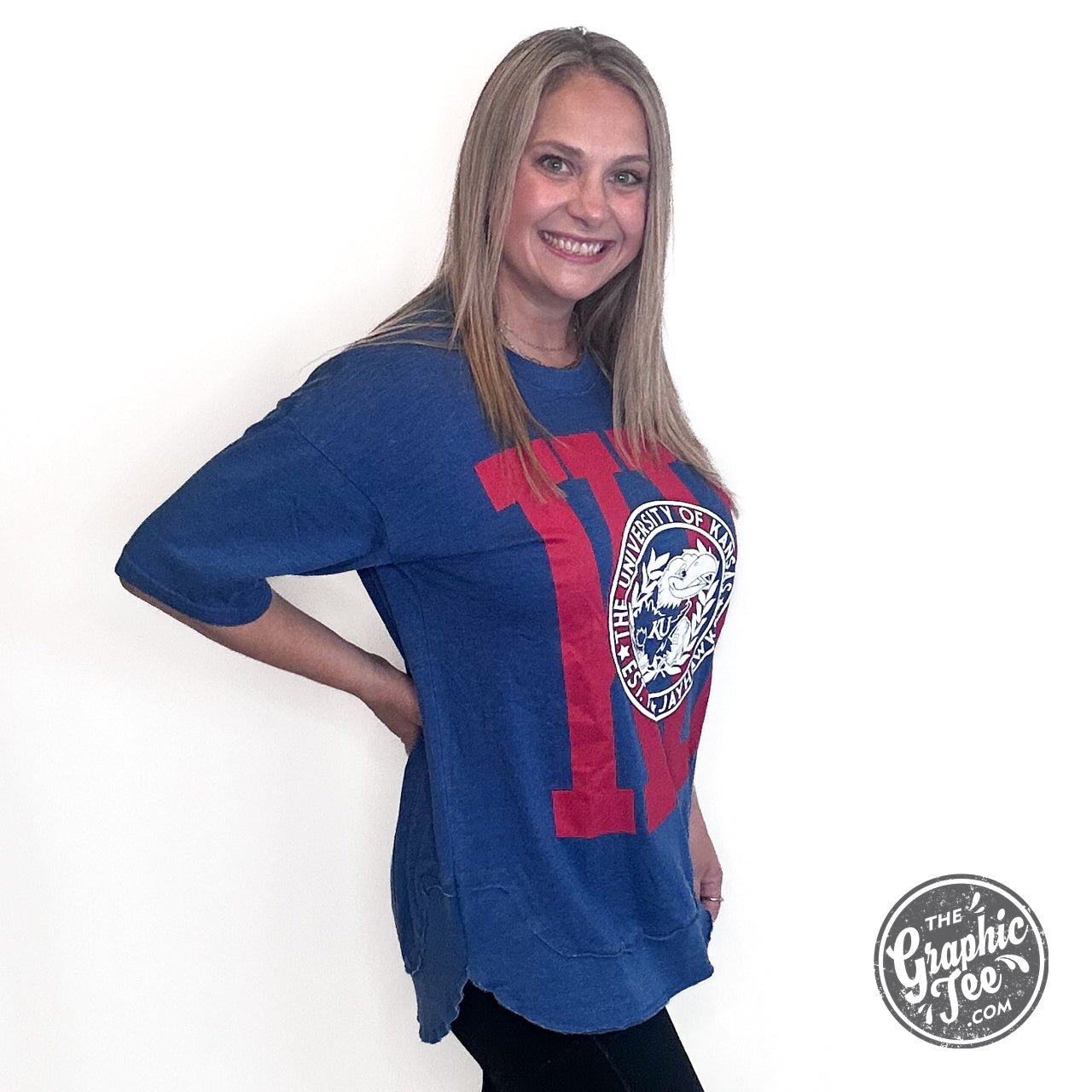 Carlin Kansas University Short Sleeve Crew Neck Oversized Rounded Bottom Vintage Top - The Graphic Tee