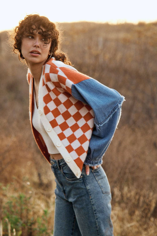 Checker Plaid Cardigan With Frayed Denim Sleeve - The Graphic Tee