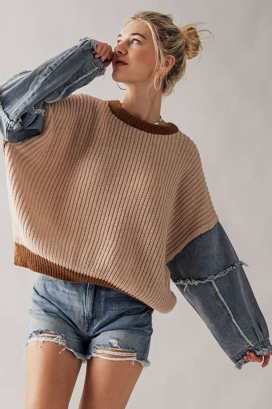 Contrast Denim Sleeve Drop Shoulder Casual Western Sweater - The Graphic Tee