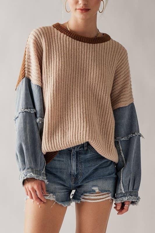 Contrast Denim Sleeve Drop Shoulder Casual Western Sweater - The Graphic Tee