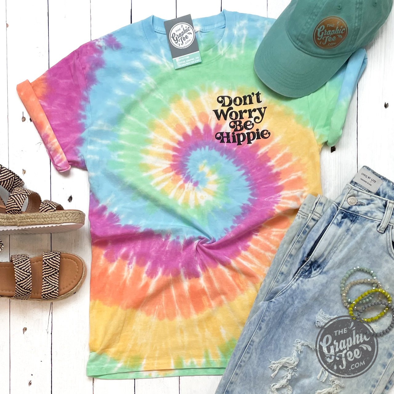 Don't Worry Be Hippie Crew Neck Tie Dye Short Sleeve Graphic Tee - The Graphic Tee