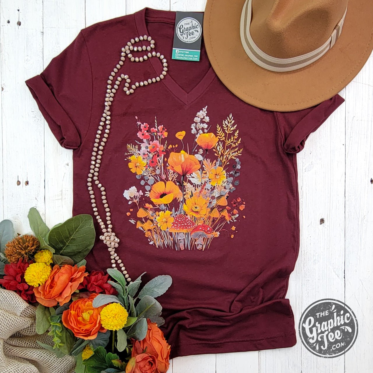 Fall Boho Floral Heather Cardinal Crew Neck Short Sleeve Tee - The Graphic Tee