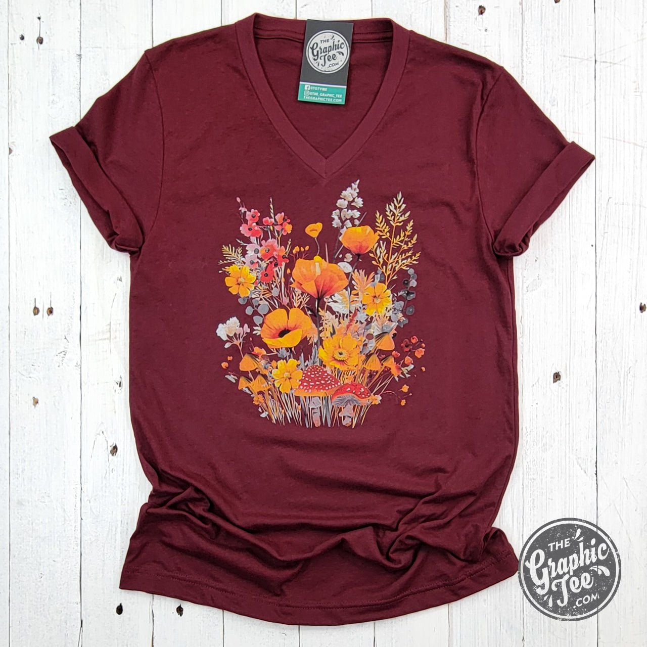 Fall Boho Floral Heather Cardinal Crew Neck Short Sleeve Tee - The Graphic Tee