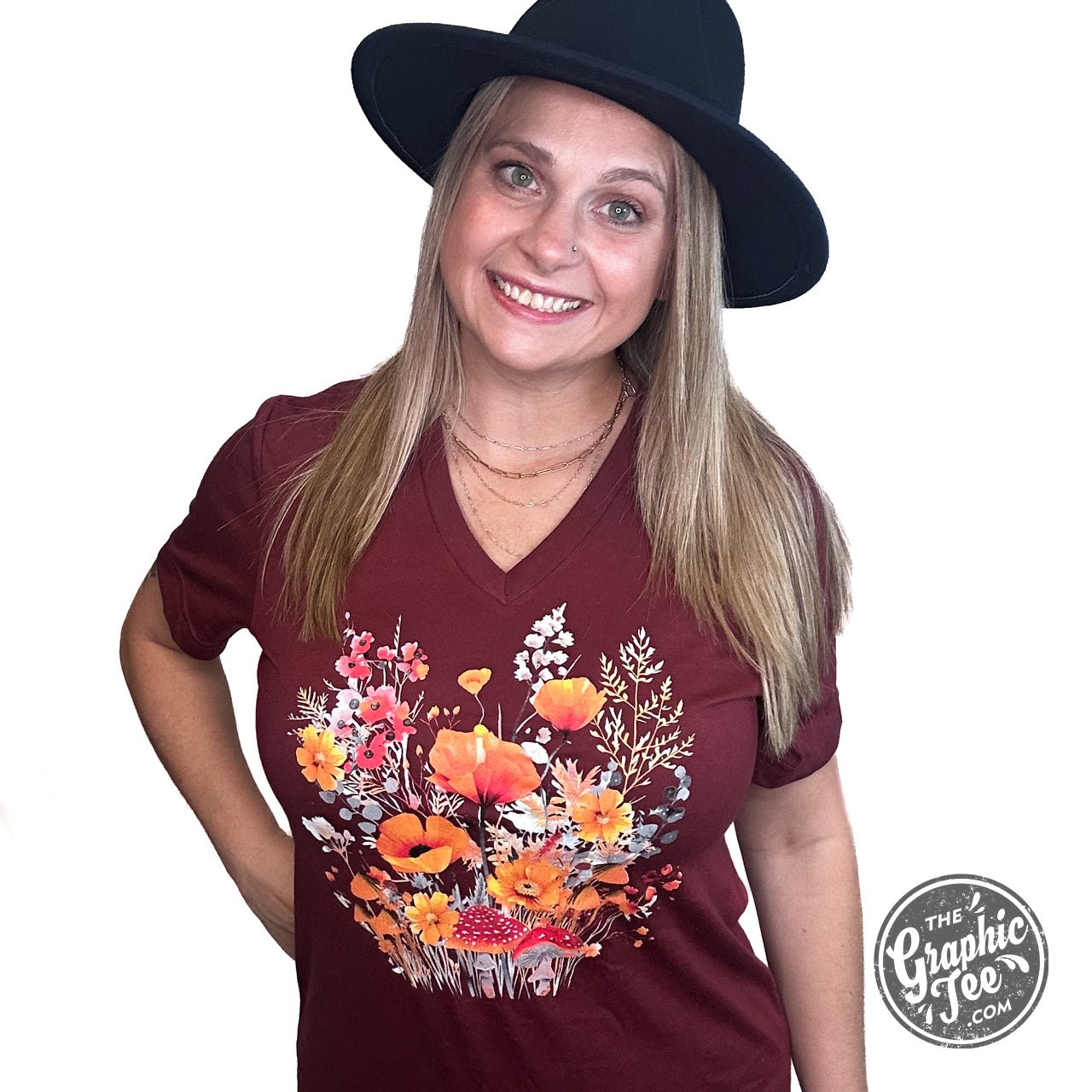 Fall Boho Floral Heather Cardinal Crew Neck Short Sleeve Tee - The Graphic Tee