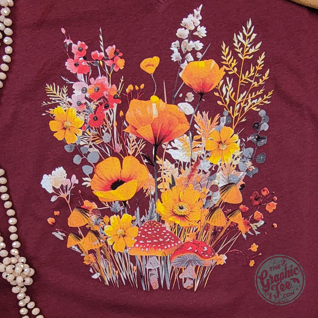 Fall Boho Floral Heather Cardinal Crew Neck Short Sleeve Tee - The Graphic Tee