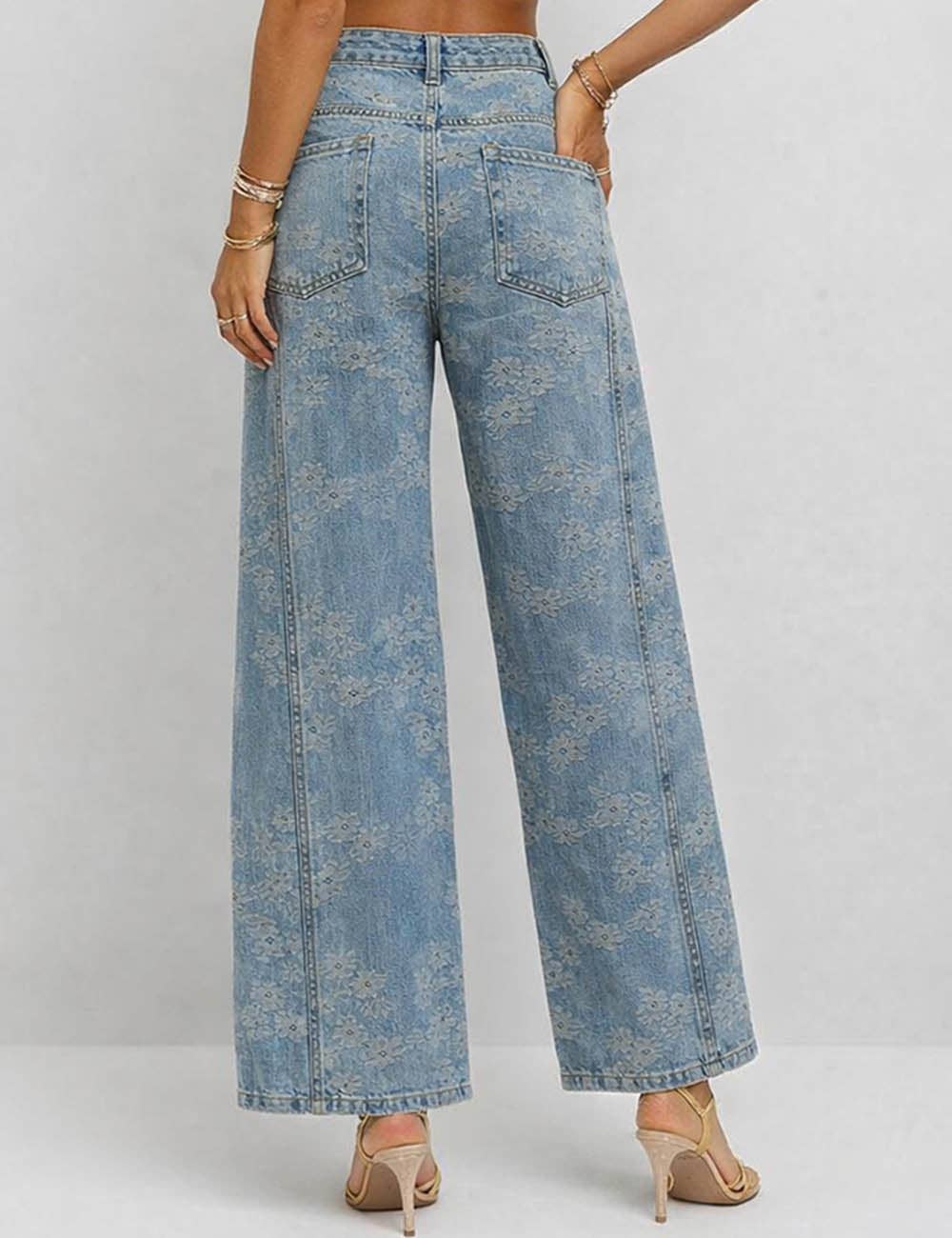 Floral Wide Leg Denim Jeans - The Graphic Tee