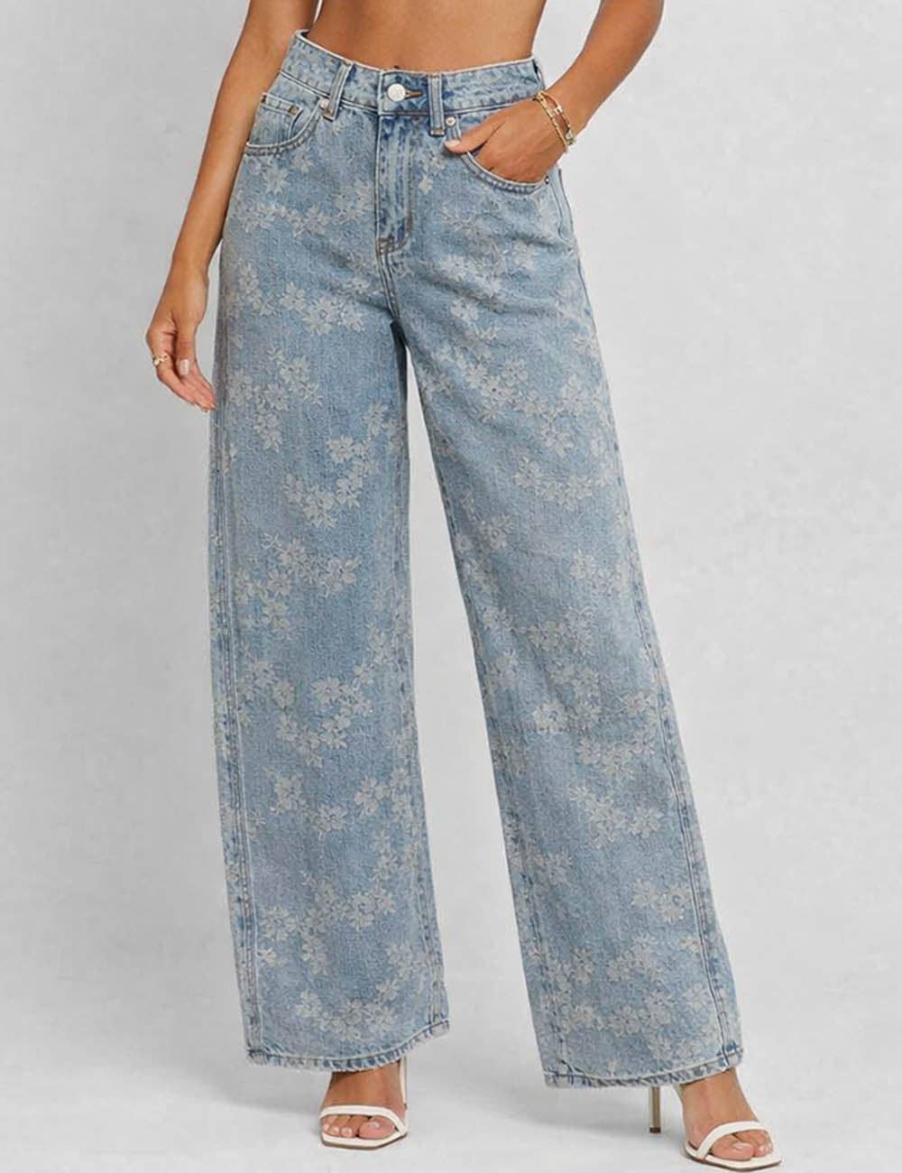 Floral Wide Leg Denim Jeans - The Graphic Tee