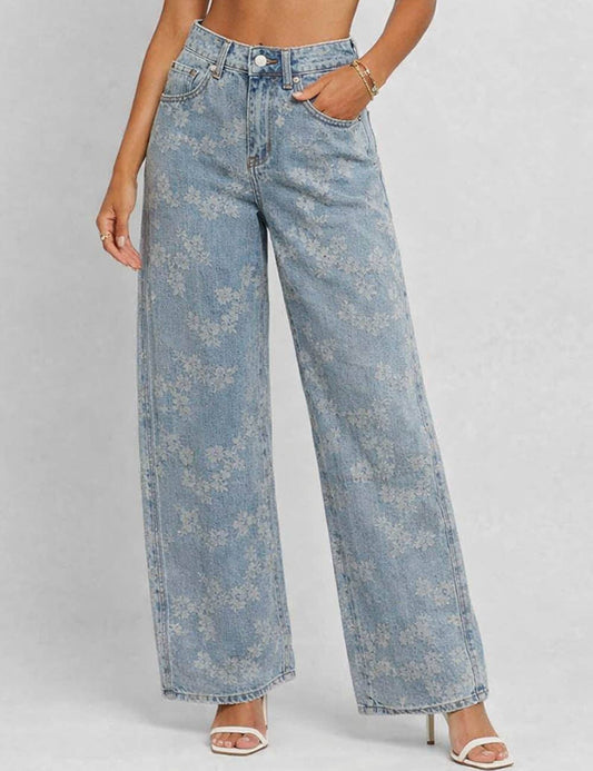 Floral Wide Leg Denim Jeans - The Graphic Tee