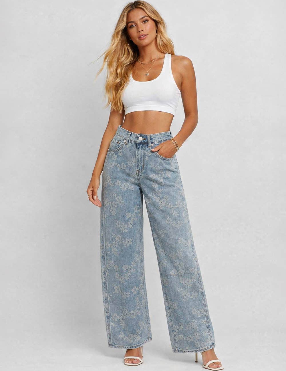 Floral Wide Leg Denim Jeans - The Graphic Tee