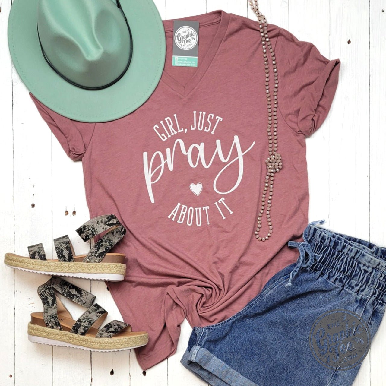 Girl Just Pray About It Heather Mauve Unisex V Neck Tee - The Graphic Tee