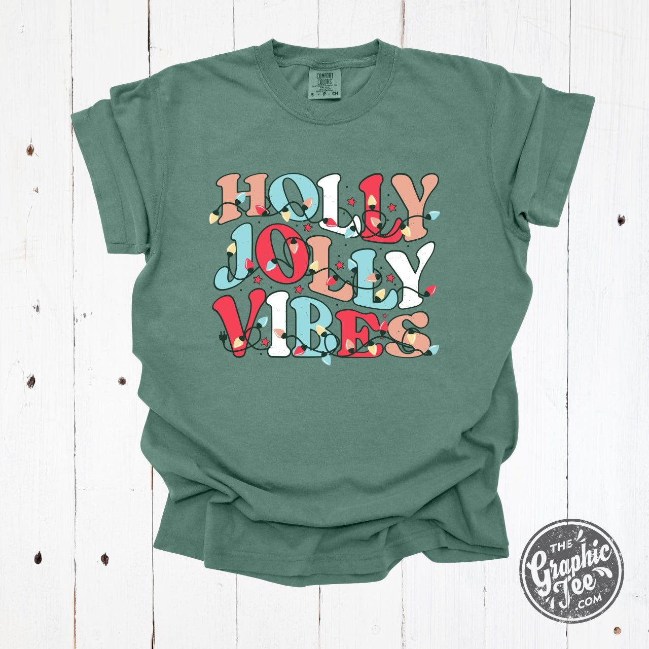 Holly Jolly Vibes Comfort Wash Cypress Green Short Sleeve Tee - The Graphic Tee